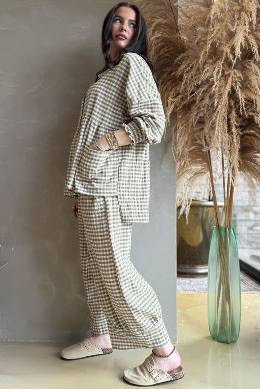 Annie Gingham Peter Pan Smock Blouse Olive